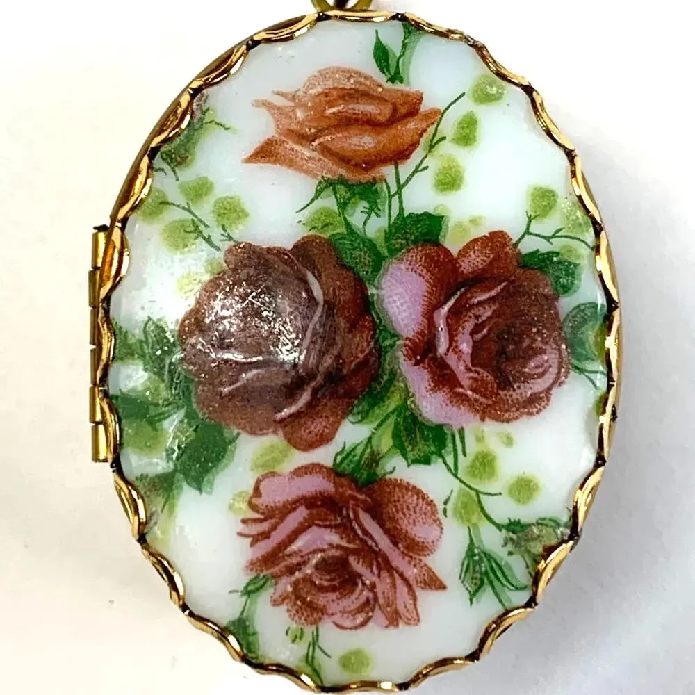 Vintage 1970's Hand Painted Floral Porcelain Brass‎ Double Sided Locket Pendant